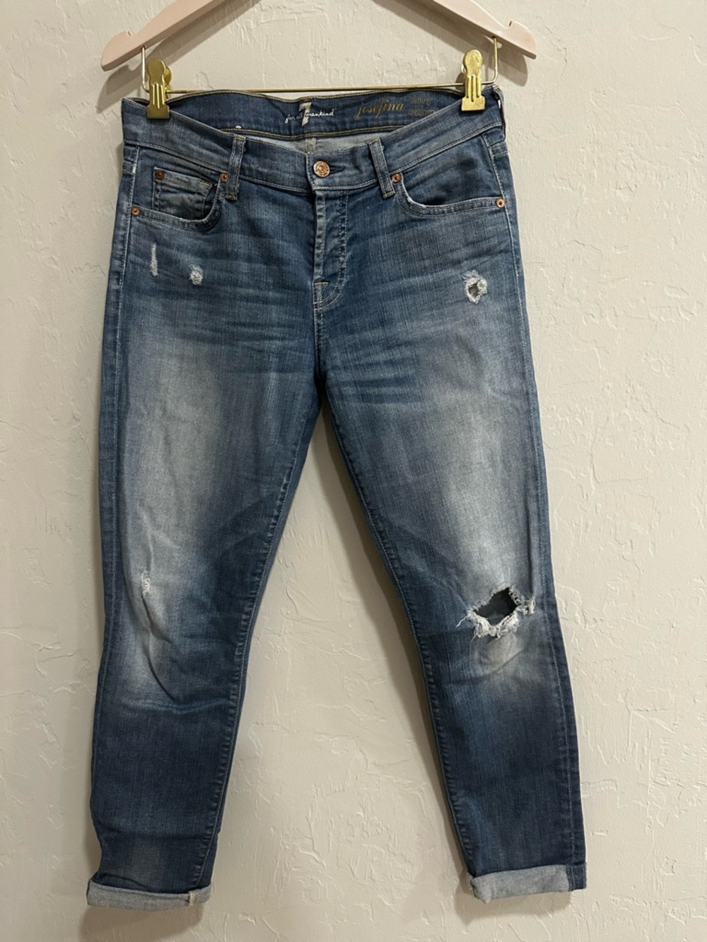 7 For All Mankind Women's Boyfriend Jeans in Distressed Medium Blue